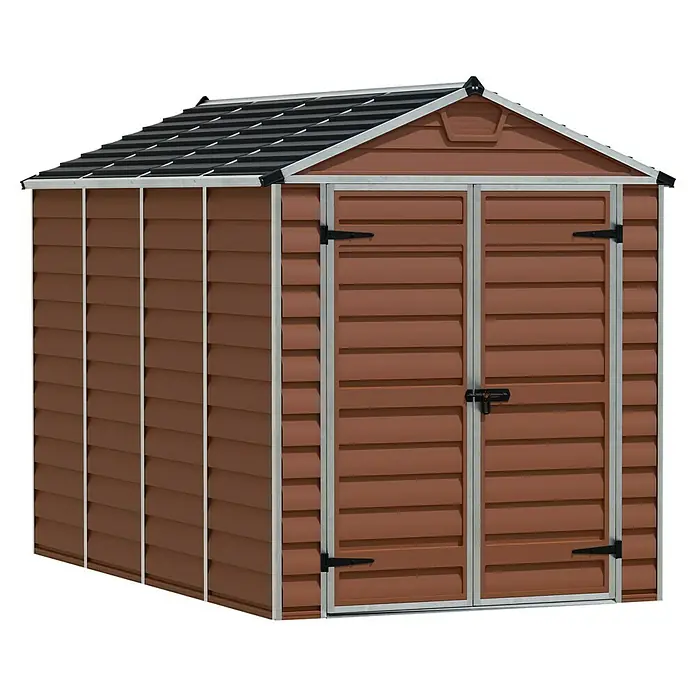Palram – Canopia Caseta de jardín Skylight - Medidas ext. (An x Pr): 185 x 303,6 cm, Plástico, Ámbar - Cobertizo de jardín marrón con doble puerta y techo a dos aguas para guardar herramientas y muebles de jardín al aire libre.