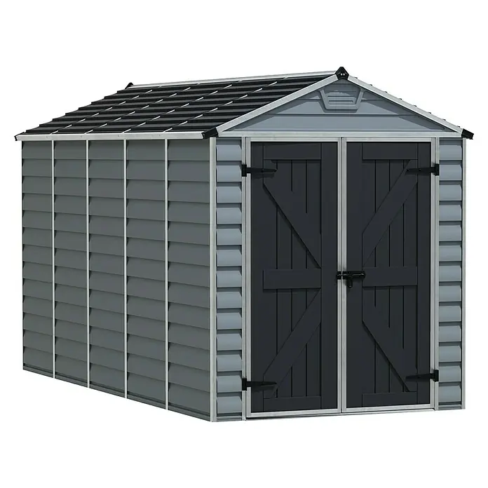 Palram – Canopia Caseta de jardín Skylight - Medidas ext. (An x Pr): 185 x 378 cm, Plástico, Antracita/gris - Caseta de jardín espaciosa en gris con doble puerta, ideal para guardar herramientas y muebles de jardín.