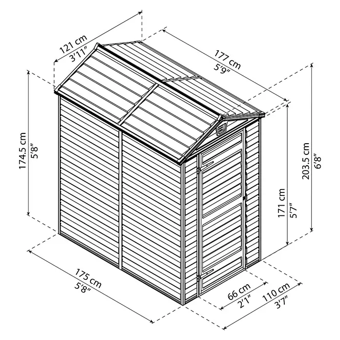 Palram – Canopia Gartenhaus Skylight - Außenmaß inkl. Dachüberstand (B x T): 121 x 177 cm, Kunststoff, Anthrazit/Grau - Eine isometrische Zeichnung eines Gartenhauses mit Maßangaben in Zentimetern und Fuß.