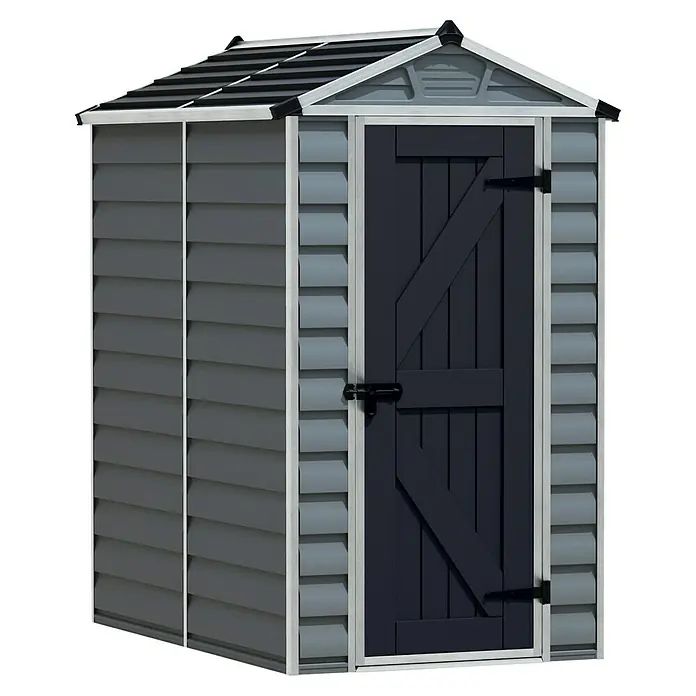 Palram – Canopia Caseta de jardín Skylight - Medidas ext. (An x Pr): 121 x 177 cm, Plástico, Antracita/gris - Imagen de un cobertizo de jardín gris con puerta y techo oscuros. Ideal para guardar herramientas y equipos de jardinería.