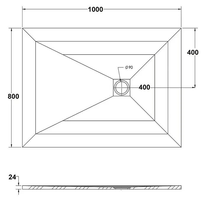Ottofond Duschwanne Rosario - L x B: 100 x 80 cm, Weiß - Draufsicht und Seitenansicht einer rechteckigen Duschwanne mit Abmessungen.