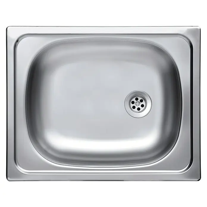 Flex-Well Palma Singleküche - 100 cm, Beige, Mit Elektrogeräten - Eine Edelstahlspüle mit einem runden Abfluss in der Mitte, perfekt für Küche oder Waschraum, ist abgebildet. Der Glanz verleiht ihr ein modernes Aussehen.