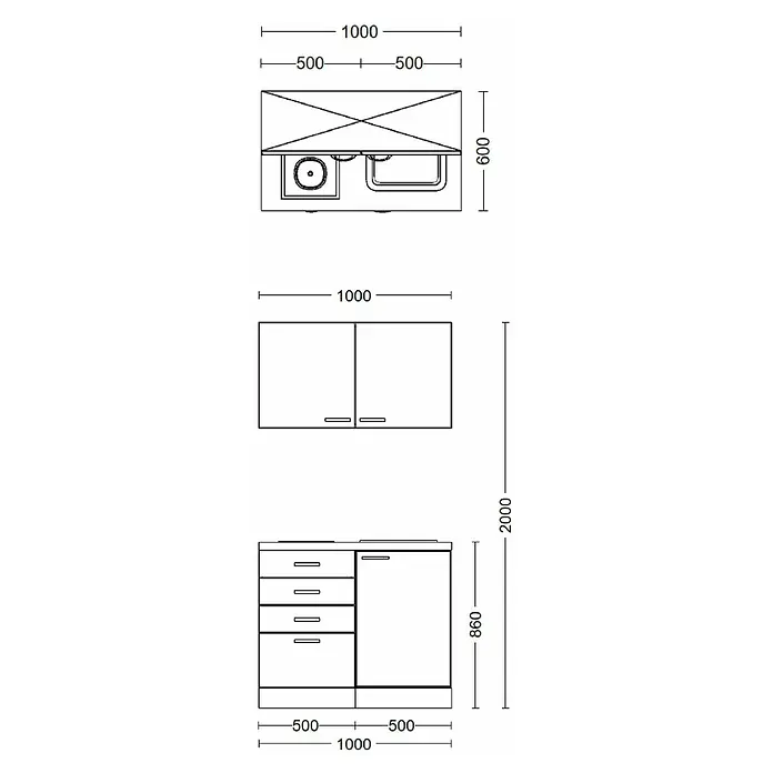 Flex-Well Palma Singleküche - 100 cm, Beige, Mit Elektrogeräten - Abbildung einer Küchenzeile mit Spüle, Hängeschränken und Unterschränken mit Schubladen, inklusive Maßangaben für die Planung.