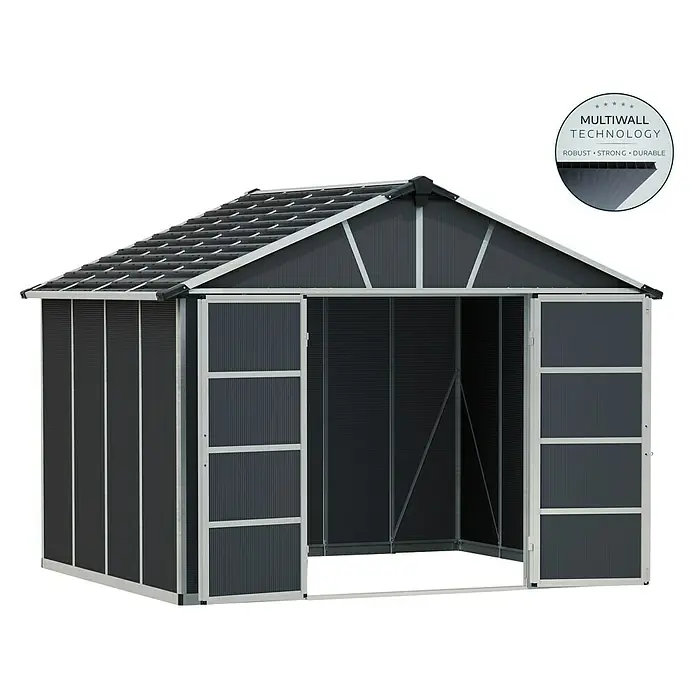 Palram – Canopia Caseta de jardín Yukon - Medidas ext. (An x Pr): 332 x 271 cm, Plástico, Antracita/Plata, Sin suelo - Una moderna pérgola de jardín con tecnología de multipared que es robusta, fuerte y duradera. La pérgola ofrece protección contra los elementos.