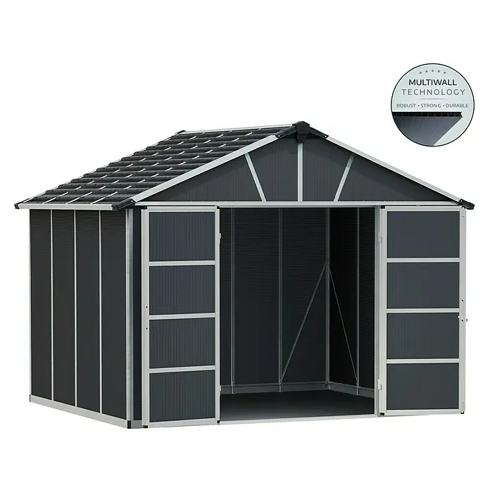 Palram – Canopia Gartenhaus - Außenmaß inkl. Dachüberstand (B x T): 332 x 271 cm, Kunststoff, Grau, Mit Boden - Ein geräumiges Gerätehaus mit Multiwall-Technologie, robust, stark und langlebig für den Außenbereich.