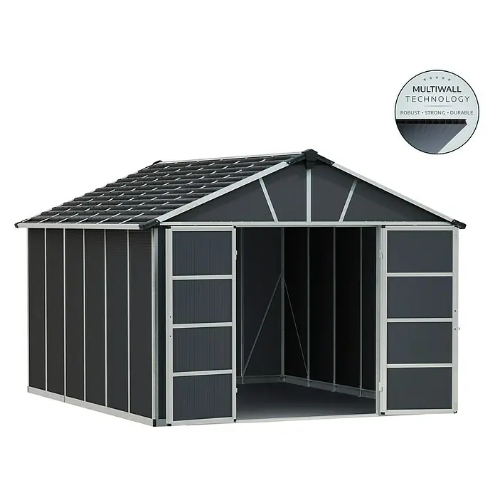 Palram – Canopia Caseta para jardín Yukon - Medidas ext. (An x Pr): 332 x 393 cm, Plástico, Antracita/Plata, Con suelo - Imagen de un cobertizo de jardín grande de antracita con tecnología multiwall, que promete robustez y durabilidad.