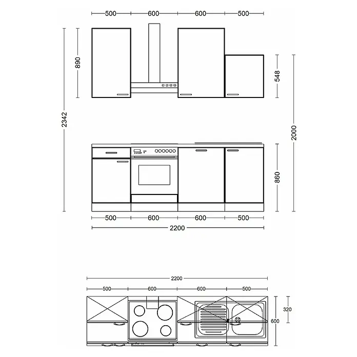Flex-Well Küchenzeile Nepal - Breite: 220 cm, Tiefe: 60 cm, Beige, Mit Elektrogeräten - Ansicht einer Küchenzeile mit Abmessungen. Die Küchenzeile umfasst Schränke, einen Herd und eine Spüle.