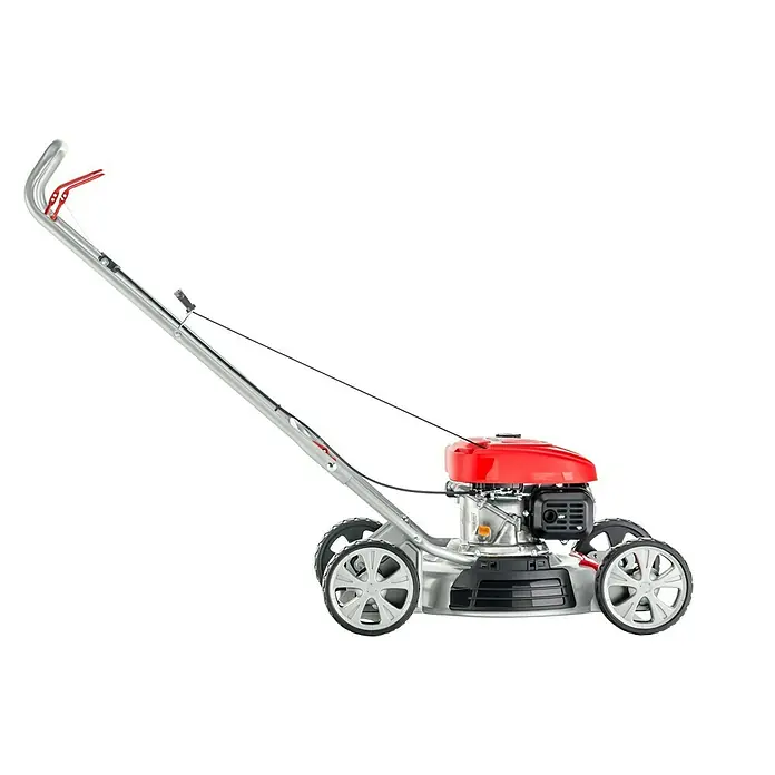 AL-KO Benzin-Rasenmäher Silver 468 P-A Bio - 123 cm³, Schnittbreite: 46 cm - Abbildung eines Rasenmähers mit rotem Motor und silbernem Gehäuse, ideal für die Rasenpflege.