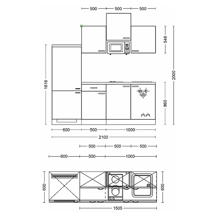 Flex-Well Valero Singleküche mit Mikrowelle - Breite: 210 cm, Weiß, Mit Elektrogeräten - Draufsicht des Küchenlayouts mit Maßen für Geräte, Schränke und Arbeitsplatten.