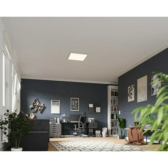 Tween Light LED-Panel 4000K - 38 W, L x B x H: 60 x 60 x 5 cm, Weiß, Neutralweiß - Ein modernes Büro mit einer hellen, quadratischen Deckenleuchte, die den Raum optimal ausleuchtet.