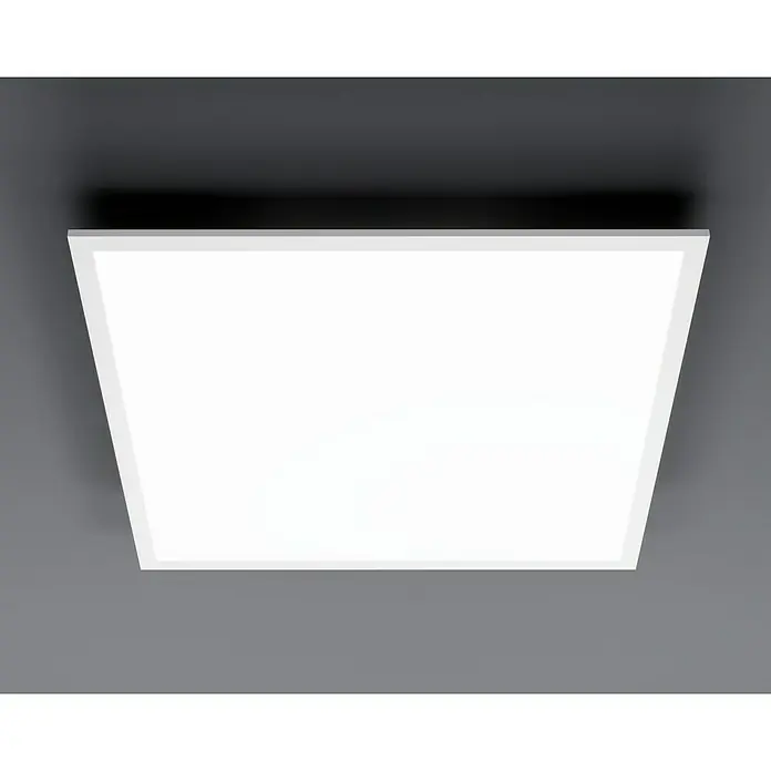 Tween Light LED-Panel RC-CCT-DIM - 36 W, L x B x H: 60 x 60 x 5 cm, Weiß, Mehrfarbig - Nahaufnahme einer quadratischen LED-Deckenleuchte mit weißem Rahmen und hellem, flächigem Licht, montiert an einer dunklen Decke.