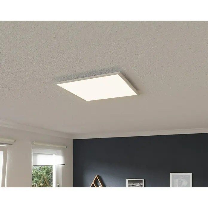 Tween Light LED-Panel 4000K - 38 W, L x B x H: 60 x 60 x 5 cm, Weiß, Neutralweiß - Flache LED-Deckenleuchte mit weißem Rahmen an einer strukturierten Decke. Sie sorgt für eine gleichmäßige Ausleuchtung des Raumes.