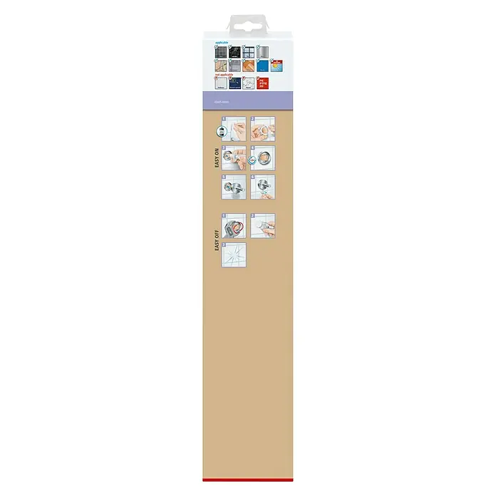 Tesa Moon Toallero de baño - Ancho: 64 cm, Bronce, Mate - Parte posterior del embalaje de un accesorio de baño autoadhesivo, con instrucciones sobre cómo aplicarlo y quitarlo fácilmente de superficies alicatadas.