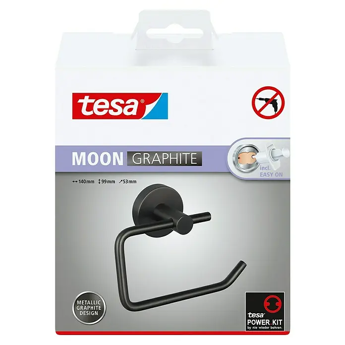 Tesa Moon Toilettenpapierhalter - Ohne Deckel, Graphit, Matt - Abbildung eines Tesa MOON GRAPHITE Toilettenpapierhalters in modernem, metallischem Graphitdesign mit einfachem, bohrfreiem Anbringen.