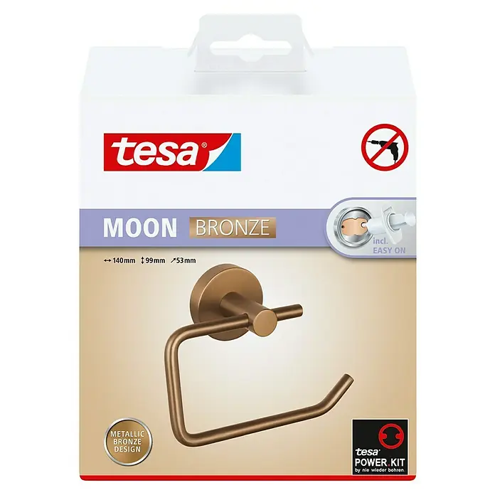 Tesa Moon Toilettenpapierhalter - Ohne Deckel, Bronze, Matt - Verpackung für Tesa MOON BRONZE Toilettenpapierhalter zur Wandmontage ohne Bohren, im Metallic-Bronze Design und mit Power Kit.