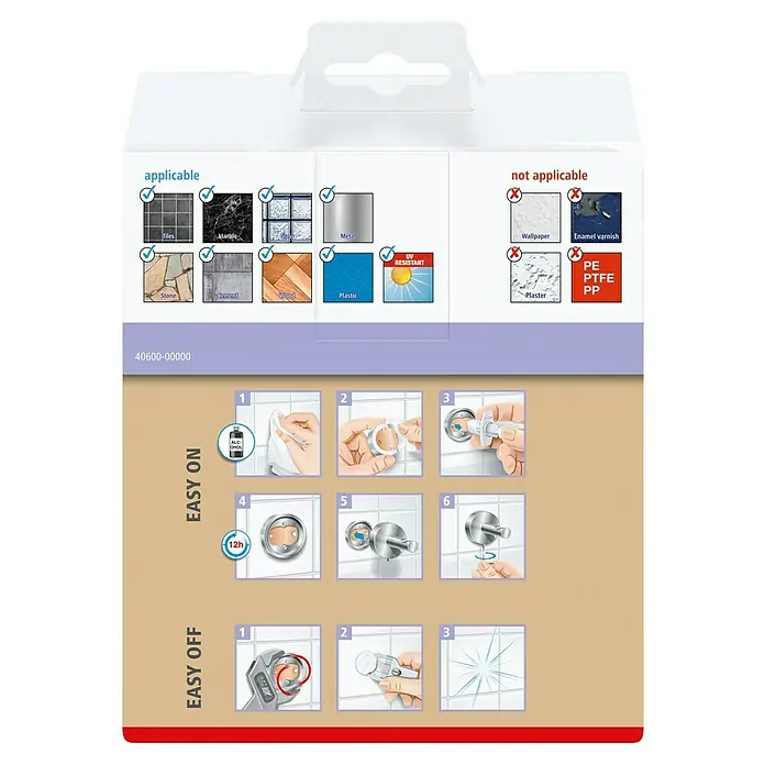 Tesa Moon Toilettenpapierhalter - Ohne Deckel, Bronze, Matt - Produktverpackung mit Anwendungs- und Montagehinweisen für eine einfache Anbringung und Entfernung des Produkts auf verschiedenen Oberflächen.