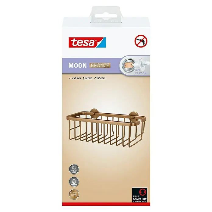 Tesa Moon Duschkorb - L x B x H: 12,5 x 25 x 9,2 cm, Bronze, Matt - Produktverpackung für eine tesa MOON BRONZE Duschablage zur Wandmontage ohne Bohren mit den Maßen 250x92x125mm.