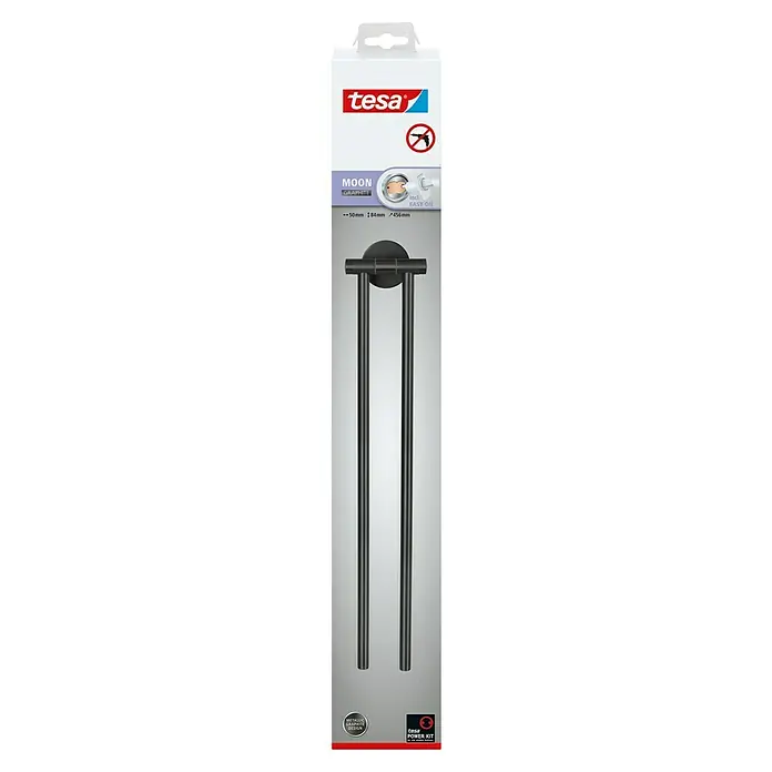 Tesa Moon Handtuchhalter - 2-armig, Graphit, Matt - Verpackung des Tesa Moon Handtuchhalters in Graphit-Optik. Das Produkt ist zur Wandmontage ohne Bohren geeignet und wird mit Power Kit geliefert.