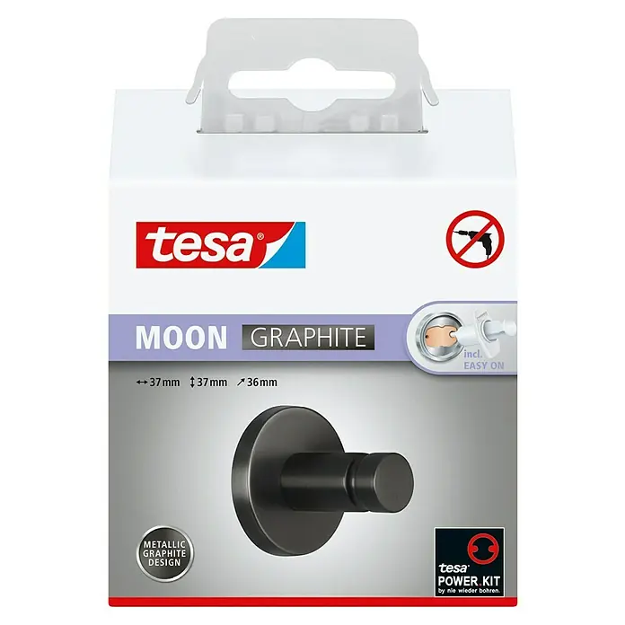 Tesa Moon Handtuchhaken - Graphit, Matt - Produktverpackung für einen Tesa Moon Graphite Wandhaken, der ohne Bohren montiert werden kann.
