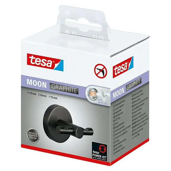 Tesa Moon Handtuchhaken - 2-armig, Graphit, Matt - Tesa Moon Graphite Bademantel-Haken Verpackung. Der Haken hat ein metallisches Graphitdesign und lässt sich einfach anbringen.