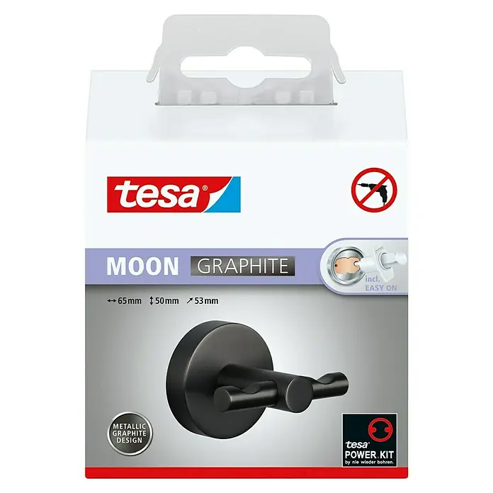 Tesa Moon Handtuchhaken - 2-armig, Graphit, Matt - Bild des Tesa Moon Graphite Doppelhakens, einer stilvollen und robusten Lösung zur Aufbewahrung. Die Montage ist dank der Power.Kit-Technologie einfach.