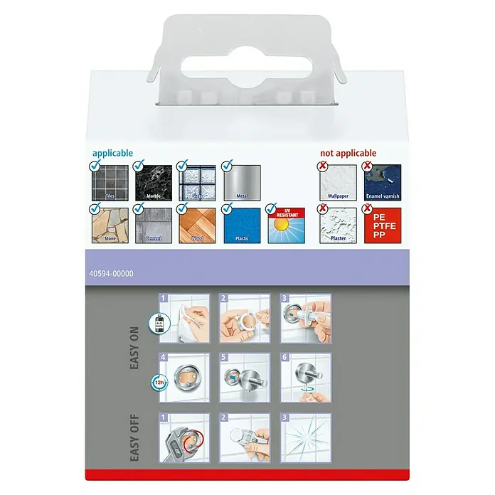Tesa Moon Handtuchhaken - 2-armig, Graphit, Matt - Produktdetails: Anwendbare Oberflächen sind Fliesen, Marmor, Glas, Metall, Stein, Zement, Holz und Kunststoff. Nicht anwendbar sind Tapeten, Lacke, Putz und Kunststoffe.