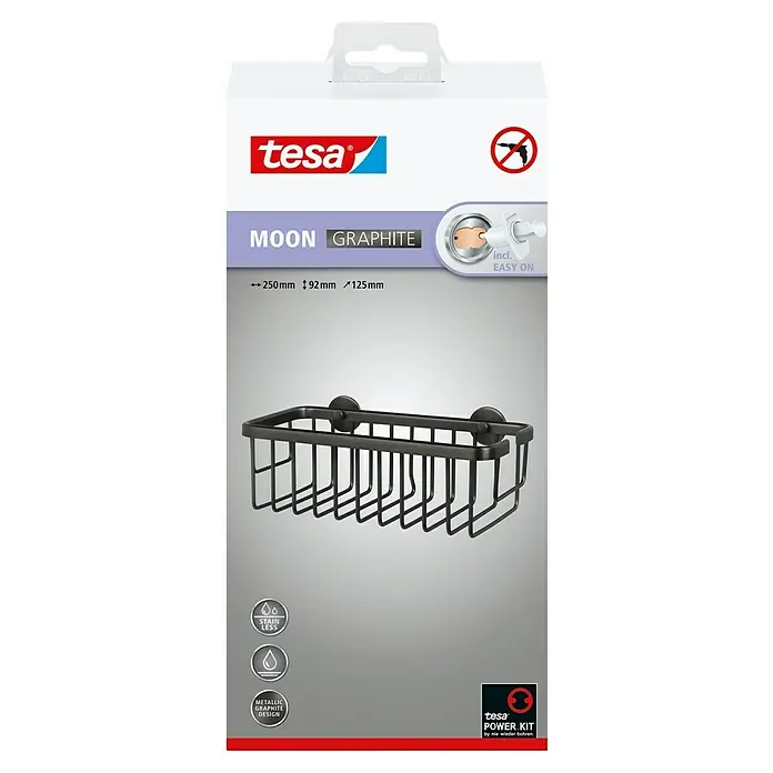Tesa Moon Duschkorb - L x B x H: 12,5 x 25 x 9,2 cm, Graphit, Matt - Die Verpackung des Tesa Moon Graphite Duschkorbs, der ohne Bohren angebracht werden kann und ein metallisches Graphitdesign hat.