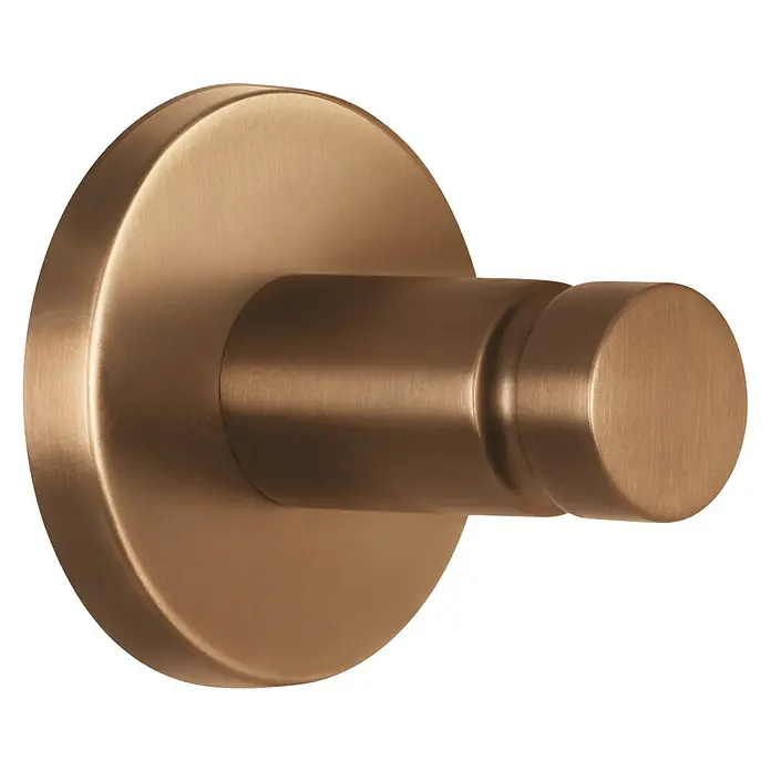 Tesa Moon Handtuchhaken - Bronze, Matt - Nahaufnahme eines bronzefarbenen Wandhakens mit kreisförmiger Basis und zylindrischem Hakenarm.