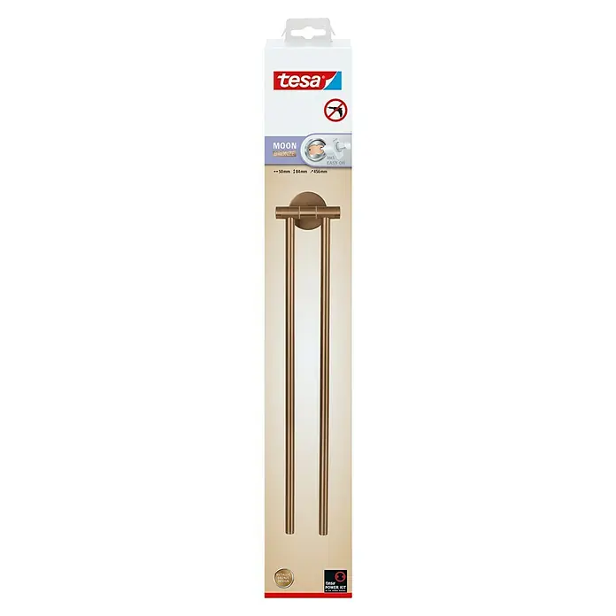 Tesa Moon Handtuchhalter - 2-armig, Bronze, Matt - Verpackung des Tesa Moon Bronze Handtuchhalters mit Montagekleber, ohne Bohren. Elegantes Design für Badezimmer, einfache Montage.