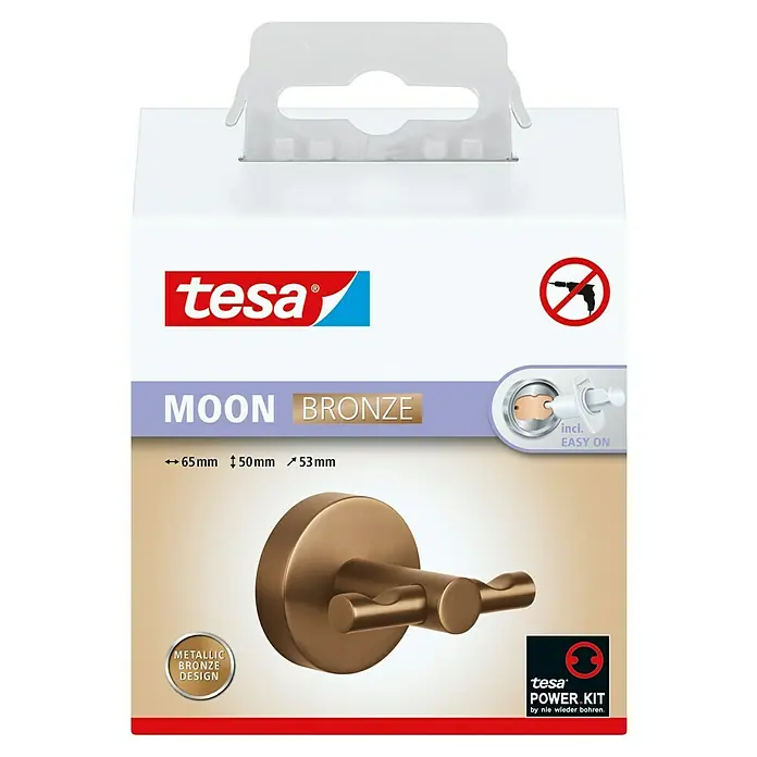 Tesa Moon Handtuchhaken - 2-armig, Bronze, Matt - Nahaufnahme der Verpackung eines bronzefarbenen Tesa Moon Doppelhakens, der durch Kleben ohne Bohren montiert wird.