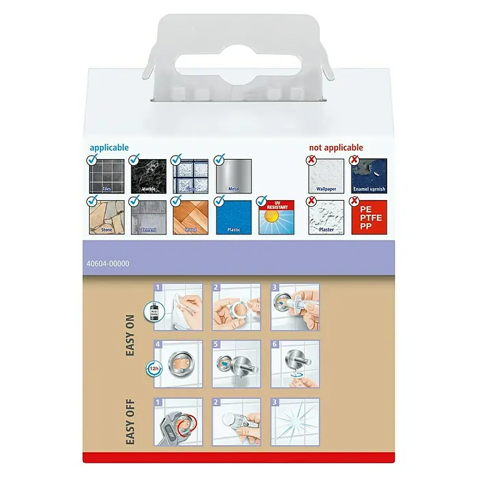 Tesa Moon Handtuchhaken - 2-armig, Bronze, Matt - Verpackung eines Produkts mit Anwendungs- und Montagehinweisen, geeignet für verschiedene Oberflächen wie Fliesen und Metall.