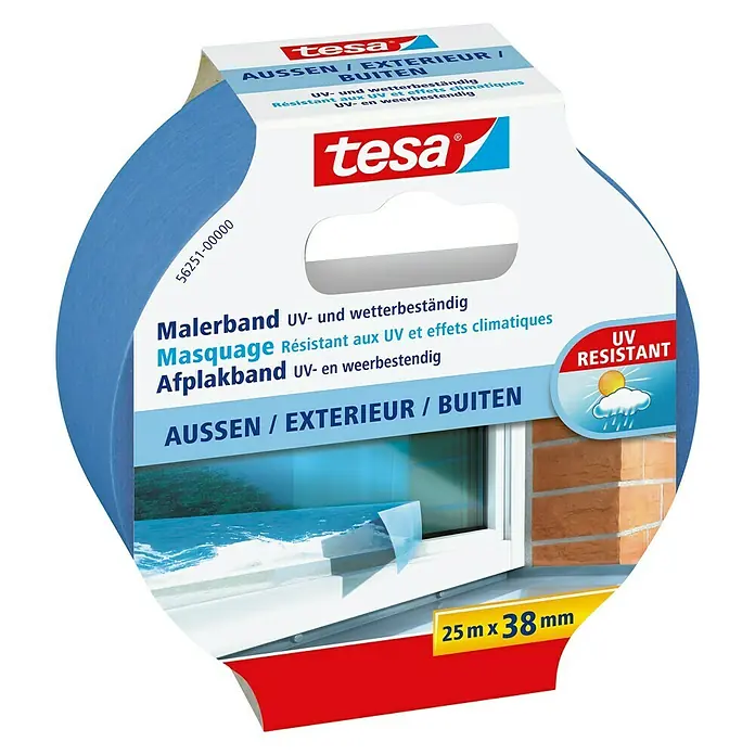 Tesa Malerband Außen - L x B: 25 m x 38 mm - Bild einer Tesa-Malerbandrolle, UV- und wetterbeständig, 25 m x 38 mm, ideal für den Außenbereich.