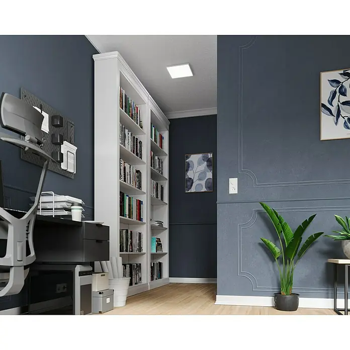 Tween Light LED-Panel RC-CCT-DIM - 18 W, L x B x H: 30 x 30 x 5 cm, Weiß, Mehrfarbig - Ein gut sortiertes Bücherregal in einem modernen Arbeitszimmer mit dunklen Wänden und hellem Holzboden, ergänzt durch Büropflanzen.