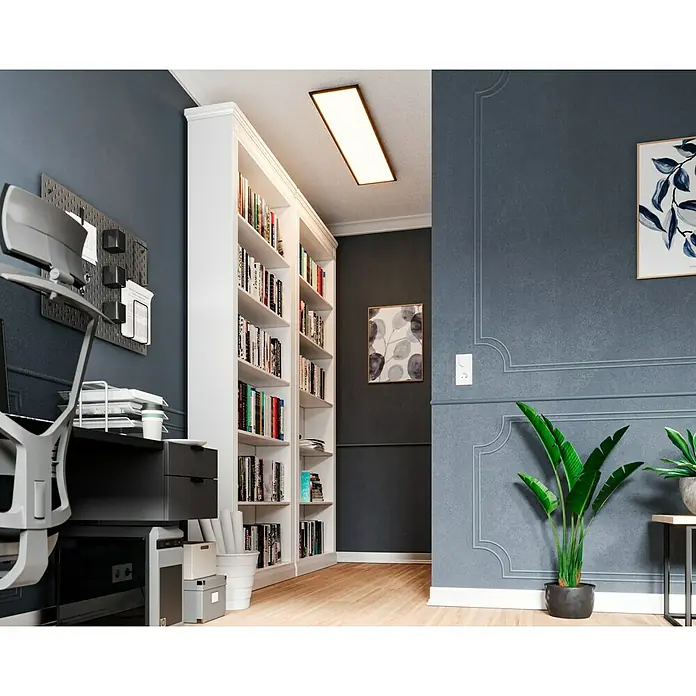 Tween Light LED-Panel CCT-RC-DIM - 32,5 W, L x B x H: 120 x 30 x 5 cm - Bücherregal mit vielen Büchern in einem stilvollen Raum, kombiniert mit einem modernen Bürotisch und Zimmerpflanzen.