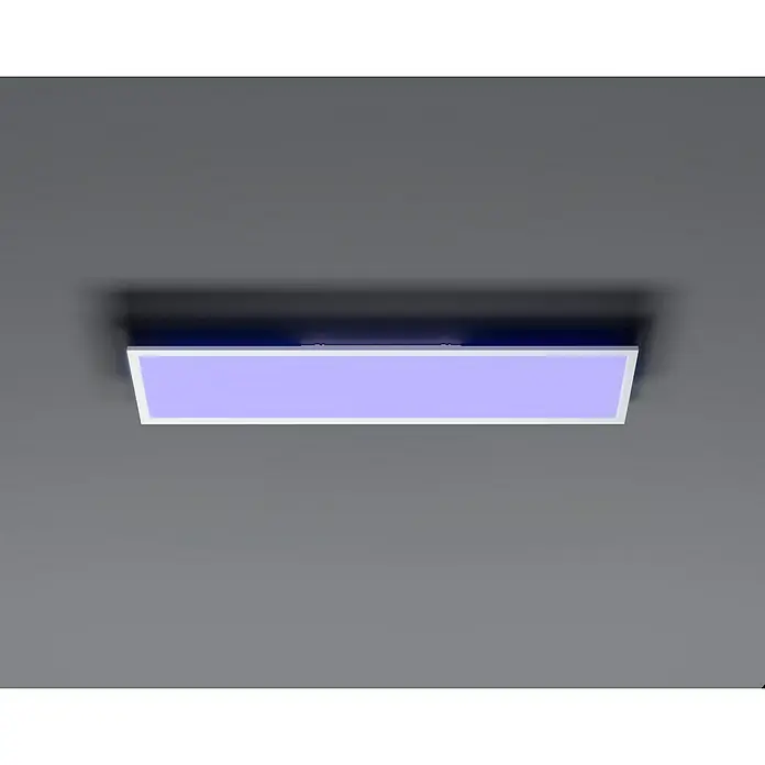 Tween Light LED-Panel RGB-RC-CCT-DIM - 32,5 W, L x B x H: 120 x 30 x 5,5 cm, Weiß, RGBW - Ein rechteckiges LED-Panel mit weißem Rahmen und lila Licht, das an einer grauen Decke montiert ist.