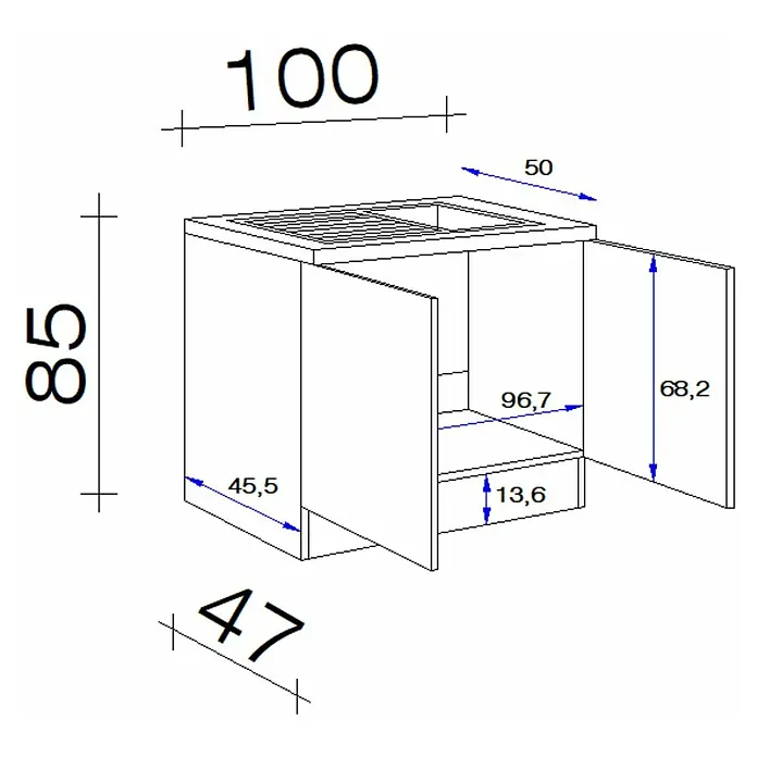 Flex-Well Komplettspüle - 100 x 50 cm, Buche-Nachbildung - Zeichnung eines Waschbeckenunterschranks mit Maßangaben, die die Abmessungen des Schranks und seiner einzelnen Komponenten zeigen.