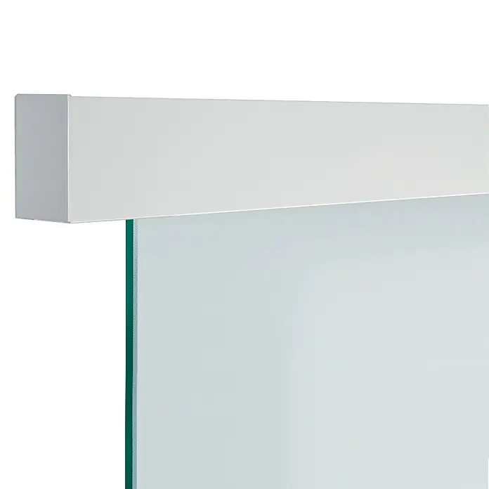 Diamond Doors Schiebetürbeschlag Linea 40 - Aluminium, Art Beschlag: Geschlossen, 1.900 mm, Passend für: Diamond Doors Glasschiebetüren - Detailaufnahme einer modernen Duschkabine mit weißem Rahmen und klarem Glas, das minimalistische Design und hochwertige Verarbeitung betont.