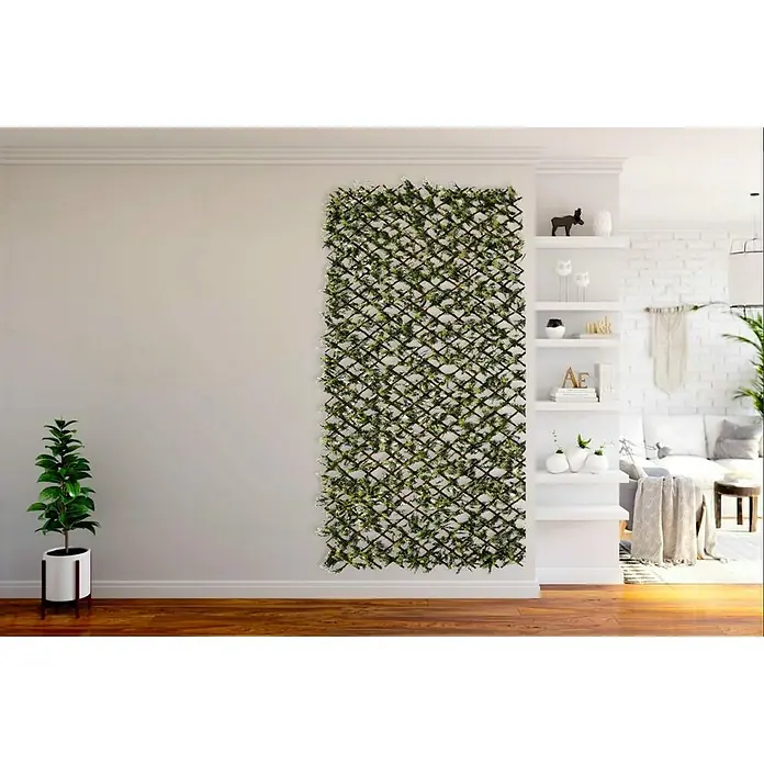 Faura Celosía extensible Mimbre con Hojas de Ciprés - 2 x 1 m, Verde - Una toma de habitación que muestra una pantalla de privacidad para plantas de enrejado de madera expandible decorativa montada en una pared blanca, situada al lado de un estante.