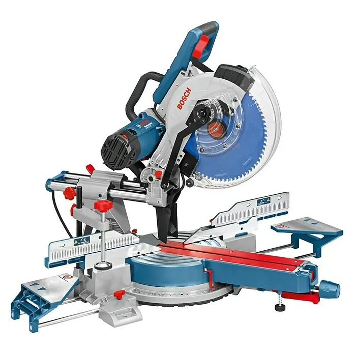 Bosch Professional Paneelsäge GCM 12 SDE - 1.800 W, 3.100 U/min - 4.000 U/min, Durchmesser Sägeblatt: 305 mm, Schnitttiefe: 85 mm bei 90 °/90 ° - Eine Bosch GCM 12 GDE Kapp- und Gehrungssäge mit blauem Sägeblatt und roter Markierung, ideal für präzise Holzarbeiten.