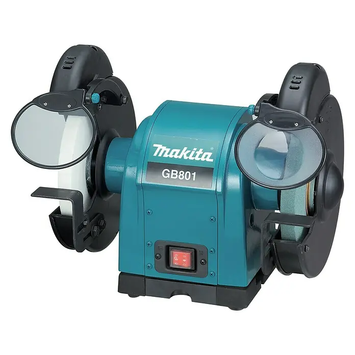 Makita Elektro-Doppelschleifer GB801 - 550 W, 2.850 U/min - Nahaufnahme einer Makita GB801 Schleifmaschine, ideal zum Schärfen von Werkzeugen und Metallbearbeitung.