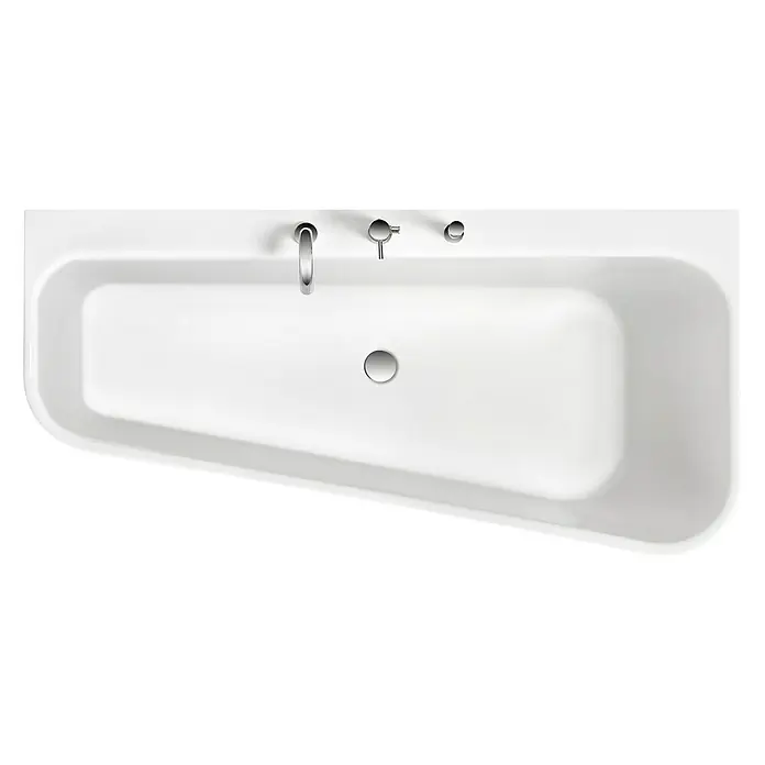 Ottofond Raumsparbadewanne Debby - 155 x 75 cm, Sanitäracryl, Weiß, Links, Mit Ablaufgarnitur und Wannenrandarmatur - Draufsicht auf eine moderne Badewanne in Weiß mit Armaturen. Das Design ist schlicht und elegant, ideal für ein stilvolles Badezimmer.