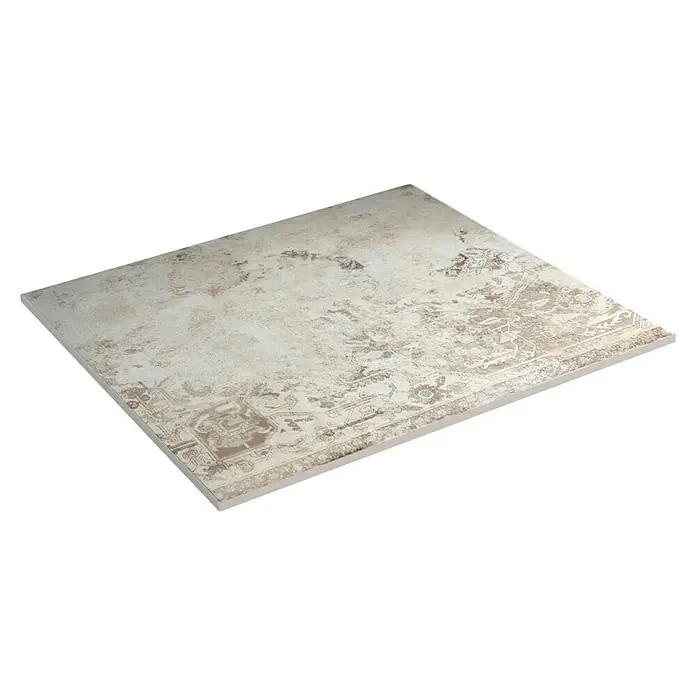 Feinsteinzeugfliese Bagdad - 59,2 x 59,2 cm, Beige, Matt - Ein rechteckiger Teppich mit einem orientalischen Muster in verblichenen Farben, der eine stilvolle Note verleiht.