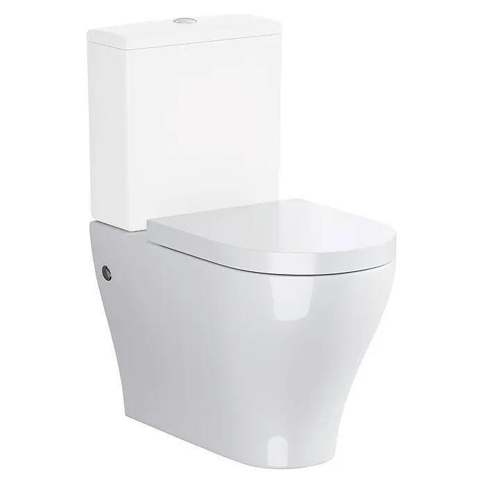 Camargue San Francisco Taza de WC - Sin borde de descarga, Salida WC: Horizontal, Blanco - Primer plano de un inodoro moderno blanco con un diseño sin rebordes, que muestra la estética e higiene del baño.