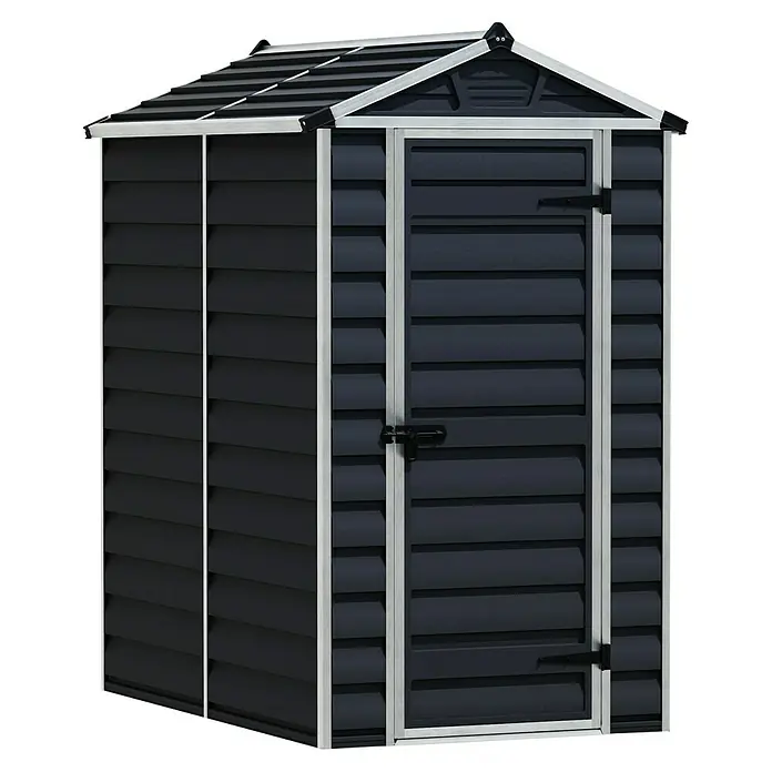Palram – Canopia Caseta de jardín Skylight - Medidas ext. (An x Pr): 121 x 177 cm, Plástico, Antracita - Imagen de una caseta de jardín con paredes grises de listones, molduras plateadas y techo a dos aguas, ideal para soluciones de almacenaje exterior.