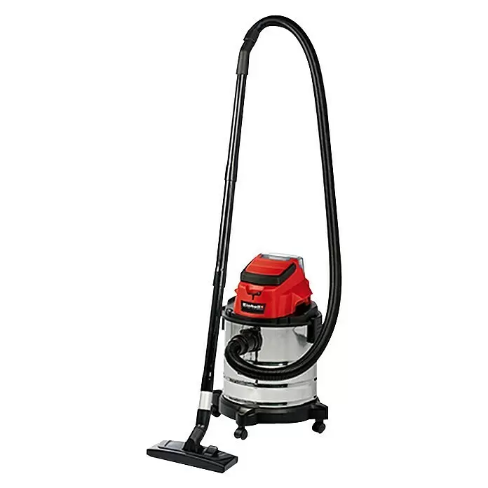 Einhell PXC 18V Akku-Nass-Trockensauger TC-VC 18/20 Li S-Solo - 18 V, Ohne Akku, Behältervolumen: 20 l - Roter und metallischer Nass-Trockensauger mit schwarzem Schlauch und Bodendüse auf Rollen.