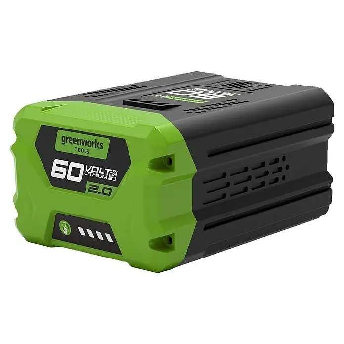 Greenworks 60V Akkusystem Akku-Rasenmäher GD60LM46SP - 60 V, 1 Akku, 4 Ah, Schnittbreite: 46 cm - Das Bild zeigt einen Greenworks 60V Lithium-Ionen-Akku. Der Akku ist schwarz und grün und hat eine Kapazität von 2,0 Ah.