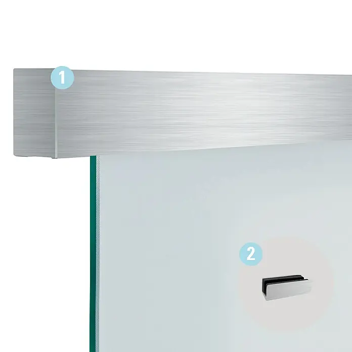 Diamond Doors Glasschiebetür-Beschlag Linea 60 Premium 2.0 - Edelstahloptik, Art Beschlag: Geschlossen, Länge: 2.200 mm - Detailansicht einer modernen Glasschiebetür mit Aluminiumrahmen und Griff. Das Design ist schlicht und elegant.