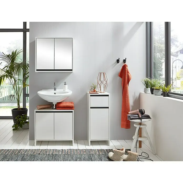 Trendteam Midischrank Basic - 32 x 28 x 80 cm, Weiß - Das moderne Badezimmer-Set mit Waschbecken, Unterschrank, Spiegelschrank und stilvollen Accessoires für ein elegantes Ambiente.