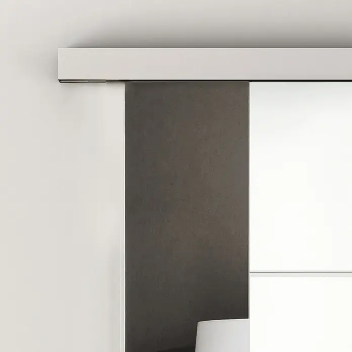 Diamond Doors Holzschiebetür-Beschlag Linea 60 Premium 2.0 - Edelstahloptik, Art Beschlag: Geschlossen, Länge: 2.000 mm - Detailaufnahme einer modernen Schiebetür in Weiß und Anthrazit, die elegant und platzsparend ist und sich gut in moderne Einrichtungen einfügt.