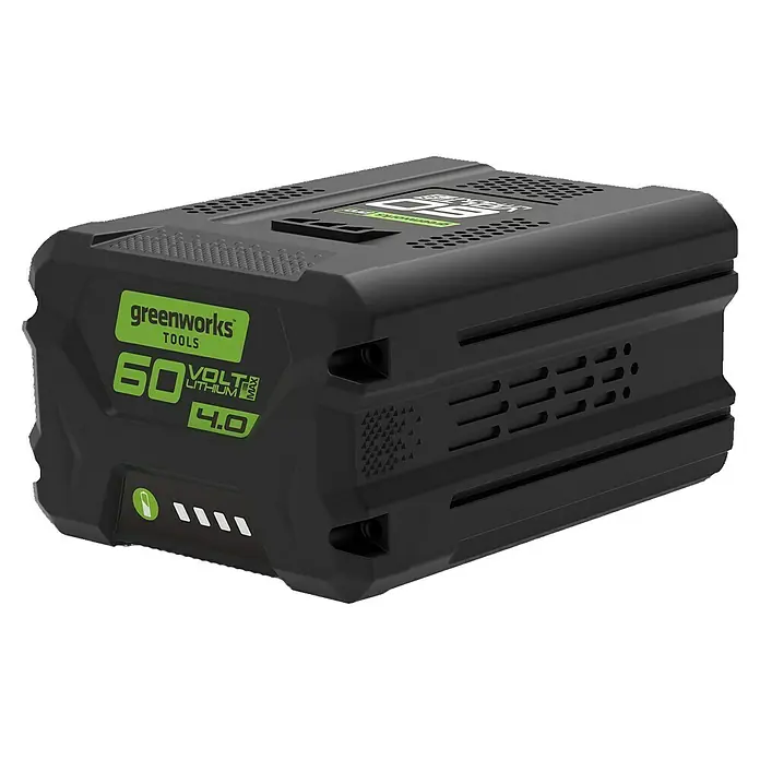 Greenworks 60V Akkusystem Akku-Rasenmäher GD60LM46SP - 60 V, 1 Akku, 4 Ah, Schnittbreite: 46 cm - Nahaufnahme eines Greenworks Tools 60V Akkus. Ein kompakter, leistungsstarker Akku für kabellose Geräte, ideal für Gartenarbeiten.